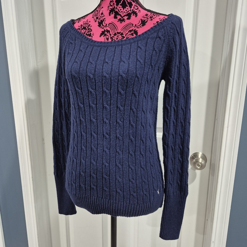 Vintage‎ American Eagle Sweater Womens XL Navy Cable Knit Fitted Y2K Preppy